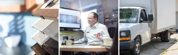 Collage mit Küchenfront-Materialmustern, einem Berater am Computer bei der Küchenplanung sowie einem weißen Lieferwagen für den Möbeltransport.